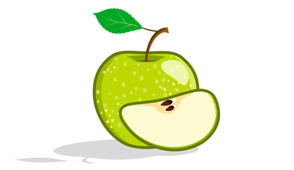 Green apple and cut slice. Juicy fruit served for eating.