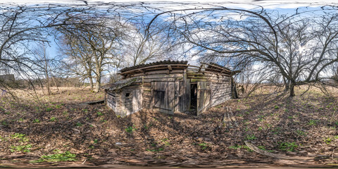 full seamless spherical hdri panorama 360 degrees angle view near abandoned wooden ruined barn in village near huge trees in equirectangular projection, ready AR VR virtual reality content