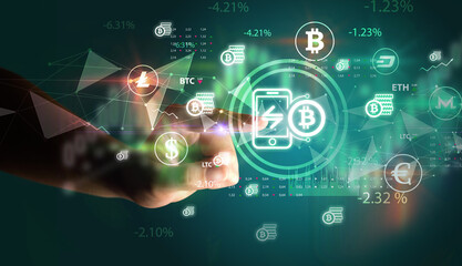 Business person hand pushing currency symbol on multimedia touch screen