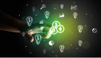 Businessman finger touching on screen multimedia interface with hand drawn currency icons