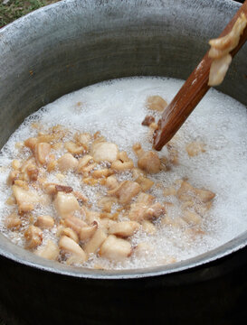 Frying pork greaves cvarci from pig fat, traditional way