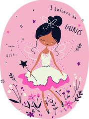 Angel figure with magic wand, fairytale vector illustration. Use for baby t-shirt print, fashion print design, kids wear, baby shower, celebration, greeting and invitation.