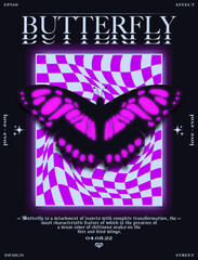 Modern abstract poster butterfly . In Y2K style, stylish print for streetwear, print for t-shirts and hoodies, isolated on black background