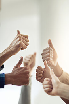 Victory achieved. Closeup shot of a group of businesspeople giving thumbs up together.