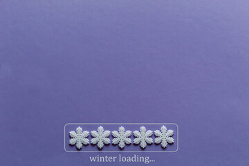 Loading bar with white snowflakes on Veri Pery background. Snowflakes with the word WINTER LOADING in loading bar progress. Template, background, copyspace.