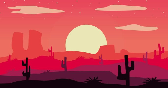 animated video parallax hills mountains rocks cactus at dusk with twinkling stars