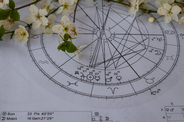 Close up of printed astrology charts with Jupiter, Mercury, Sun, Mars and Venus planets, spring...