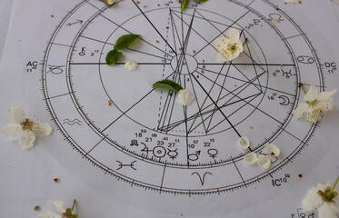 Close up of printed astrology charts with Jupiter, Mercury, Sun, Mars and Venus planets and...
