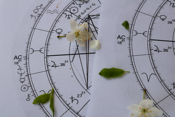 Printed astrology charts with Jupiter planet and ascendant in pisces and scattered small spring...