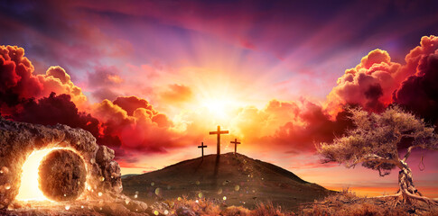 Resurrection - Crosses And Empty Tomb With Crucifixion At Sunrise - Abstract Defocused Lights
 - obrazy, fototapety, plakaty