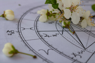 Close up of printed astrology chart with ascendant and Jupiter planet in pisces and small white...