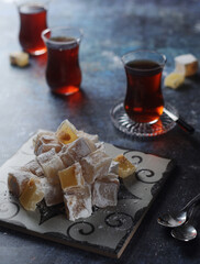 Traditional Turkish lokum with tea	