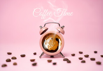 Coffee time wallpaper, fresh black coffee smoking from the alarm clock, photo manipulation