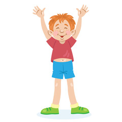 Little funny boy stands with his hands up. In cartoon style. Isolated on white background. Vector illustration.