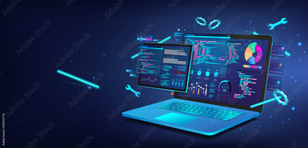 Fototapete Software with UI design and development for different devices. Programming code on 3D laptop and 3D tablet. Software development and programming concept. App, testing platform, coding process. Vector