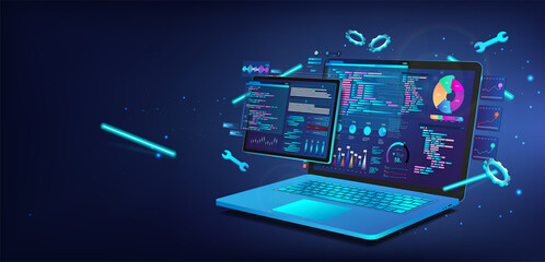Software with UI design and development for different devices. Programming code on 3D laptop and 3D tablet. Software development and programming concept. App, testing platform, coding process. Vector - obrazy, fototapety, plakaty