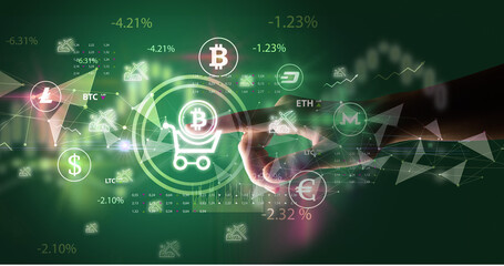 Business person hand pushing currency symbol on multimedia touch screen
