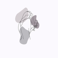 Continuous linear art of a girl from the back holding a glass in her hand, for prints, tattoos, posters, textiles, postcards. Vector illustration