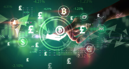 Business person hand pushing currency symbol on multimedia touch screen