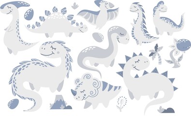 Vector set of different dinosaurs. Cute childish illustration. Collection of monsters. Prints for baby clothes