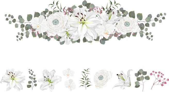 Floral vector border. White lilies, orchids, roses, rununculus, eucalyptus, pink gypsophila, green plants and leaves. All elements are isolated on white background