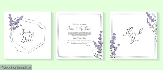Naklejka na ściany i meble Vector floral template for wedding invitation. Delicate lavender, golden frames