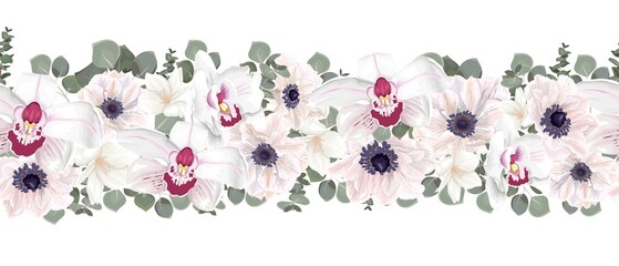 Fototapeta na wymiar Seamless vector border pattern. White anemones, pink orchid, eucalyptus, white magnolia, green plants and leaves. Elements for wedding design