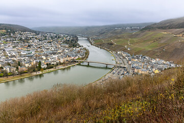 Bernkastel-Kues, Germany, bird's eye view of the city and the Moselle river. Bernkastel-Kues is a...