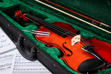 Viejo violín de estudio en su estuche, sobre partituras de música