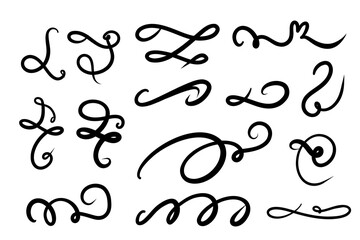 Set of hand drawn Swirls, lettering and calligraphy decoration, squiggles. Vector ink swirl and freeform swoop