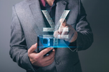 Chinese Yuan icon from web. man tapping on the screen