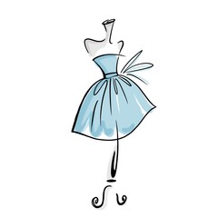 Illustration, blue dress with a bow on a mannequin. Logo, symbol, silhouette.