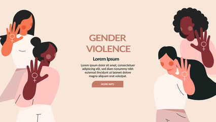 Women power protest against gender violence and harassment. Girls diverse team show stop gesture. Female community, sisterhood. Cartoon flat vector illustration, web banner template, landing page - obrazy, fototapety, plakaty