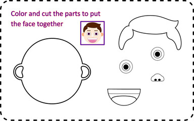 Cut and paste activity for kids. Coloring page for children. Cut and paste to put the face together. 