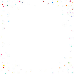 Watercolor confetti on white background. Adorable rainbow colored dots. Happy celebration square colorful bright card. Impressive hand painted confetti.
