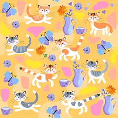 Cheerful colorful background with cute cartoon cats, flowers, butterflies, jugs, cups. Seamless fabric print for kids in vector. Bed linen, clothes, curtain. Chinese New Year. 2023.