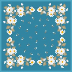 Natural print for a scarf, napkins with a floral frame of large daisies and small flowers in the middle on a greenish-blue background. Fashion accessory.