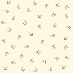 Cute spring seamless ditsy print for fabric with tiny blue tulips isolated on whitewashed yellow background. Vector illustration.