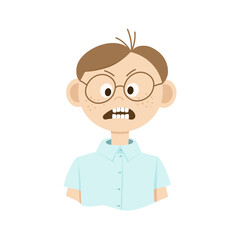 Drawing of a cartoon man in glasses with emotions on his face. Doodle style