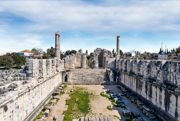 Wide angle photo of temple of apollo in didyma ancient city. Historical tourism concept.