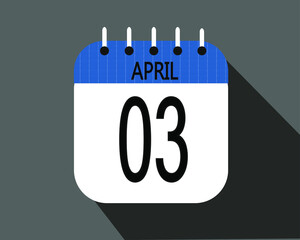 April day 3. Calendar icon on a white paper with blue color border on a gray background vector.