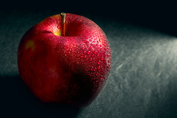 Red juicy apple with water droplets on a dark background.