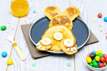Easter funny creative healthy breakfast lunch food idea for kids, children.Bunny, rabbit made from...