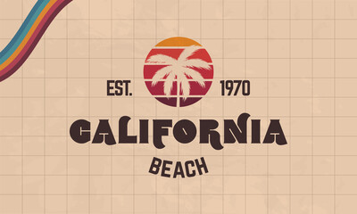 California Beach. 1970's Retro logo. Trendy hipster design. Vintage California beach logo with retro sun and palm tree. Vector Print for T-shirt, typography. - obrazy, fototapety, plakaty