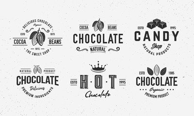 Chocolate logo set. 6 Sweet, Dessert, Candy emblems, labels. Sweet logo set with chocolate drop, cocoa beans and candies. Vector illustration