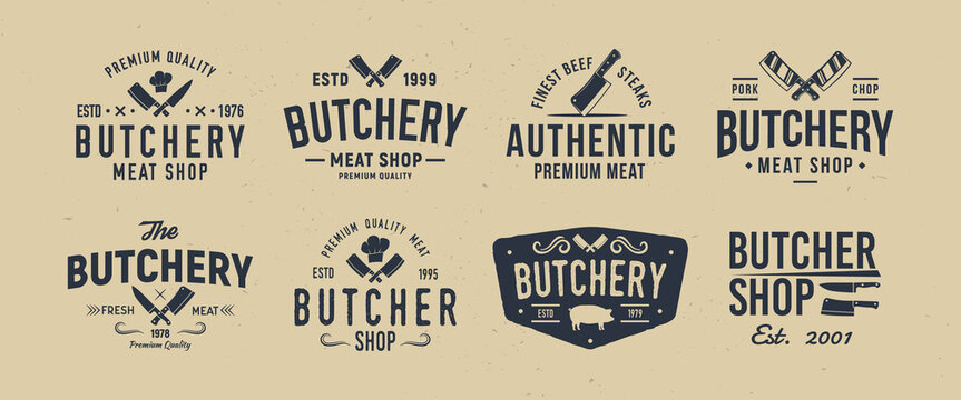 Butchery logo set. 8 butcher labels, badges, emblems. Emblem, poster templates for restaurant, meat shop, grocery store, steak house, barbecue. Vector illustration