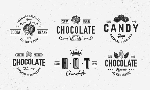Chocolate logo set. 6 Sweet, Dessert, Candy emblems, labels. Sweet logo set with chocolate drop, cocoa beans and candies. Vector illustration