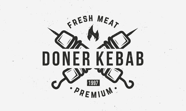 Doner Kebab vintage logo, poster template. Kebab, Shawarma logo with skewer and fire isolated on white background. Retro poster for barbecue, restaurant, grill, kebab cafe. Vector illustration