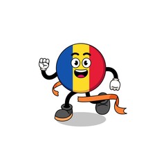 Mascot cartoon of romania flag running on finish line