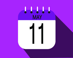 May day 11. Calendar icon on a white paper with purple color border on a pink background vector.